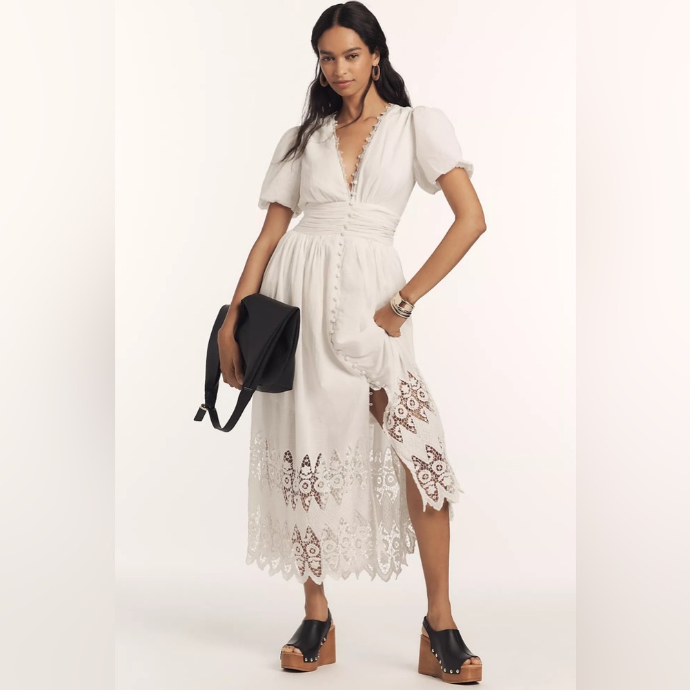 Anthropologie Katerina Button-Front Dress Eyelet Edition Puff Sleeve White XXSP